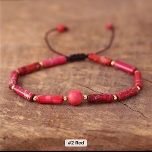 Red Jasper Stone & Gold Tone Beaded Bracelet with Central Focal Bead, Adjustable